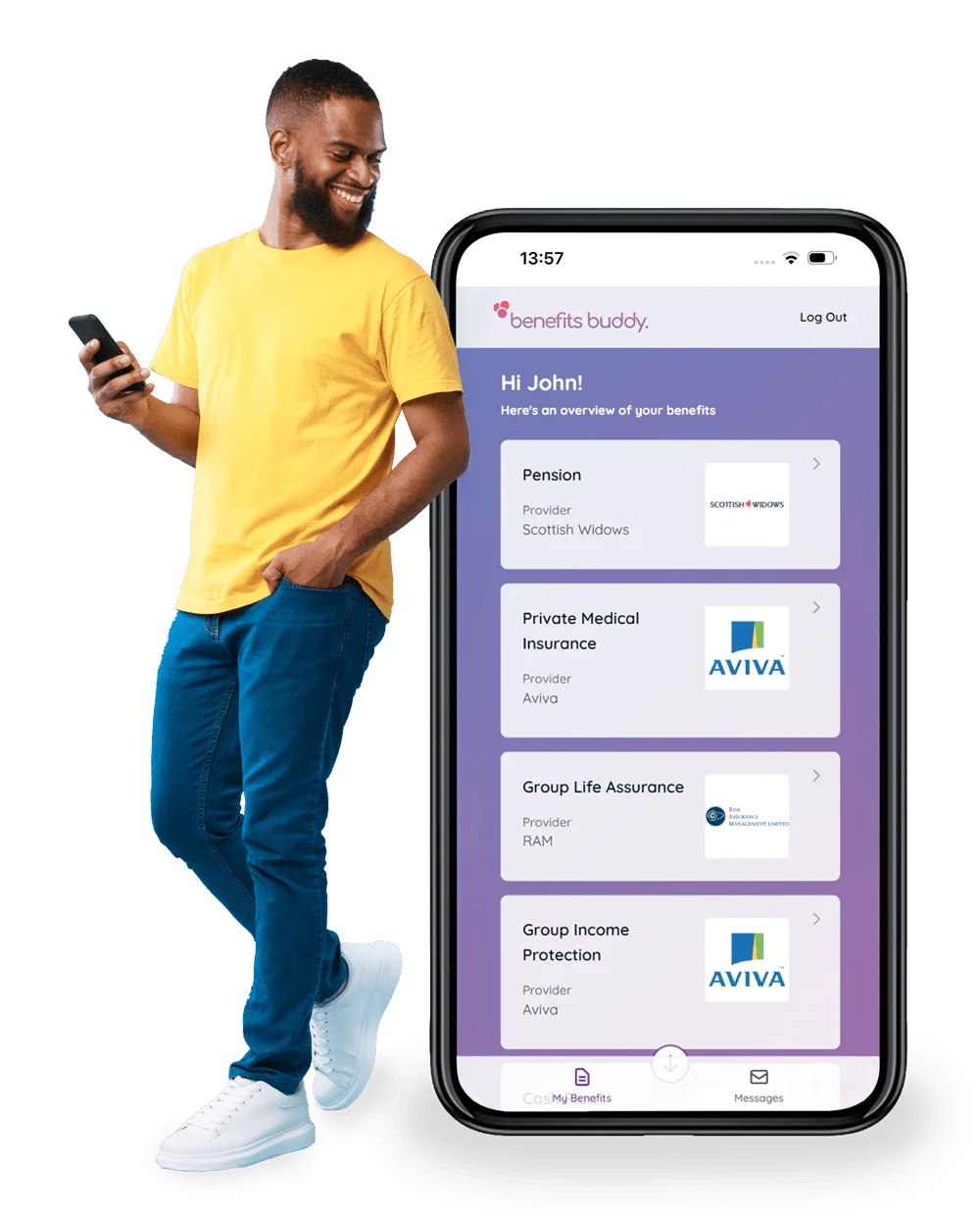 Benefits Buddy app home screen in giant iphone with happy staff member stood next to it